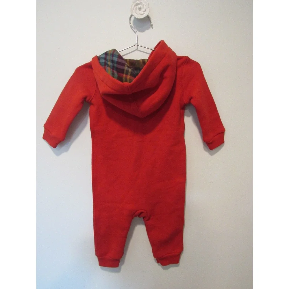 Ralph Lauren Baby Red Hooded One Piece Sweatsuit Plaid Lined 6M Romper